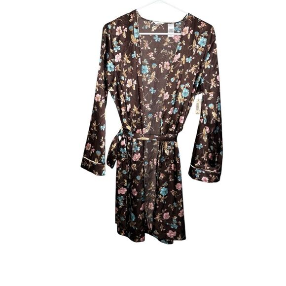 NWT Adonna Robe Lingerie Womens Satin Floral Brown Size Medium - Picture 2 of 9